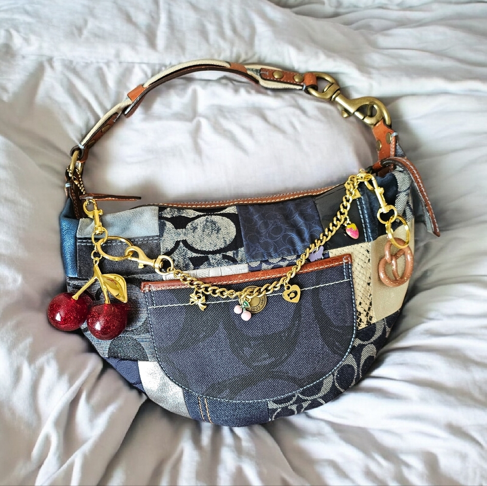 COACH Patchwork Demi Baguette Purse Blue Denim Leather Trim Y2K